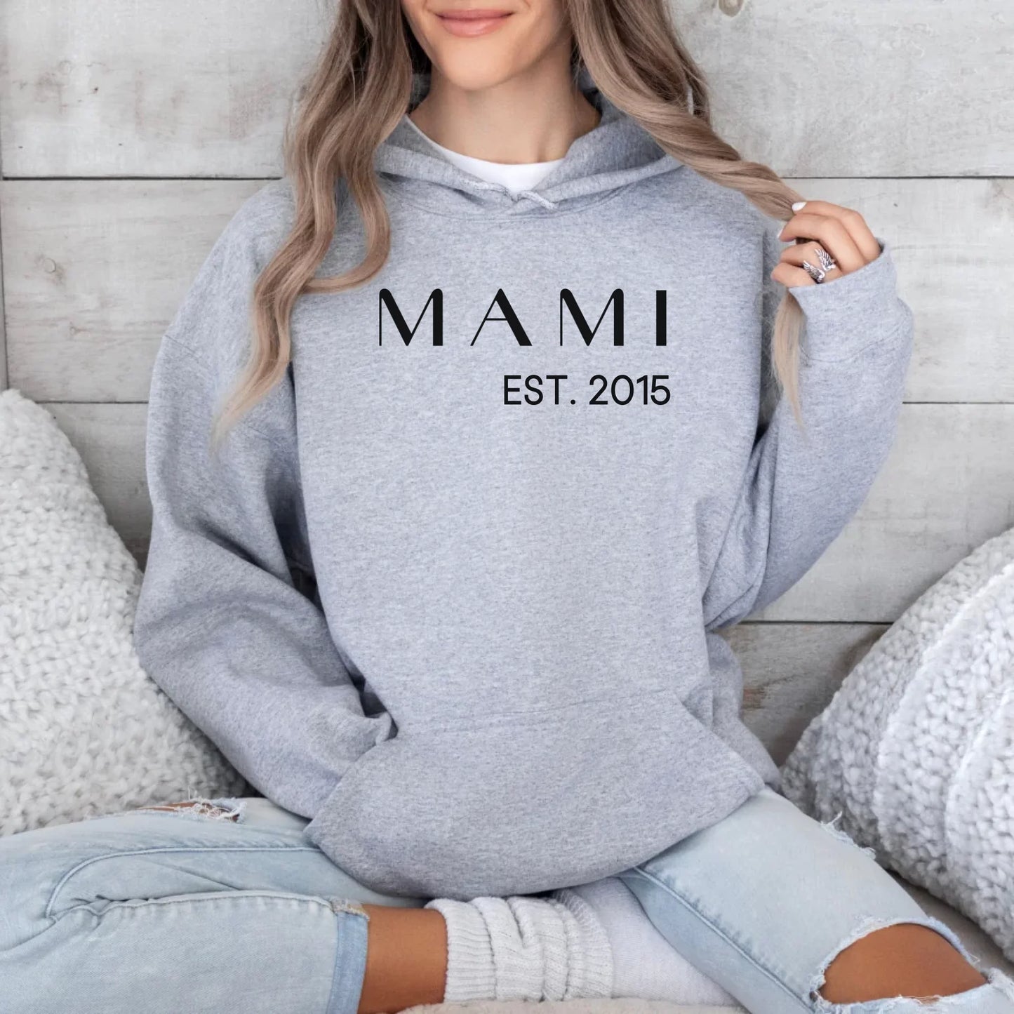 Printify Personalisierbares Mama Hoodie "Mami mit Datum" Hoodie Mama Design 2 Sport Grey