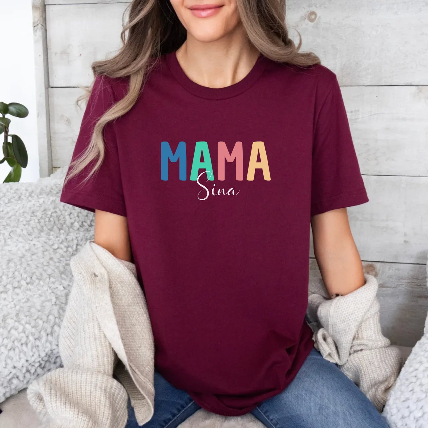 Printify Buntes T-Shirt Mama personalisierbar mit Namen T-Shirt Mama Design 12 Maroon