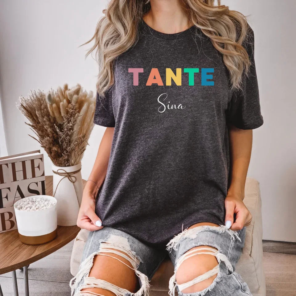 Printify Buntes T-Shirt Tante personalisierbar mit Namen T-Shirt Tante Design 8 Dark Grey Heather