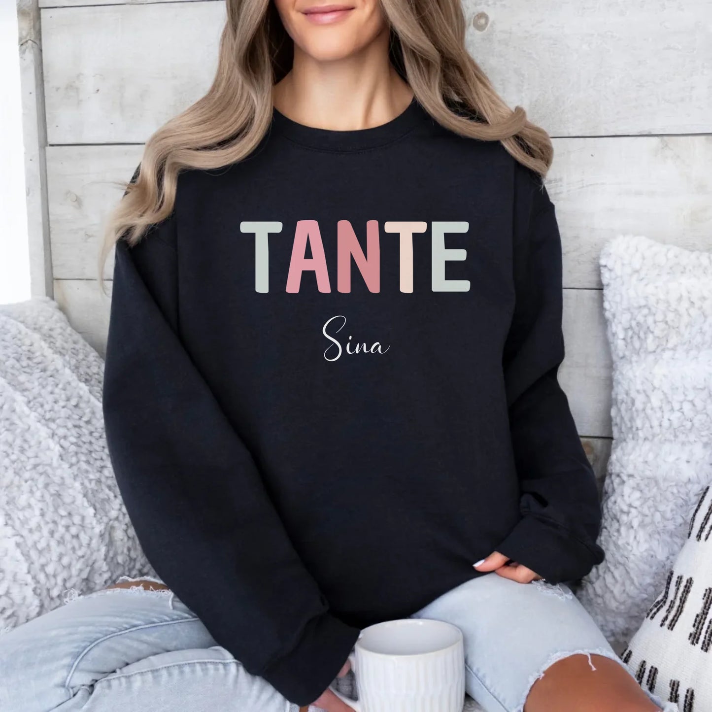 Printify Pastell Tante Sweatshirt mit Namen Sweatshirt Tante Design 5 Black