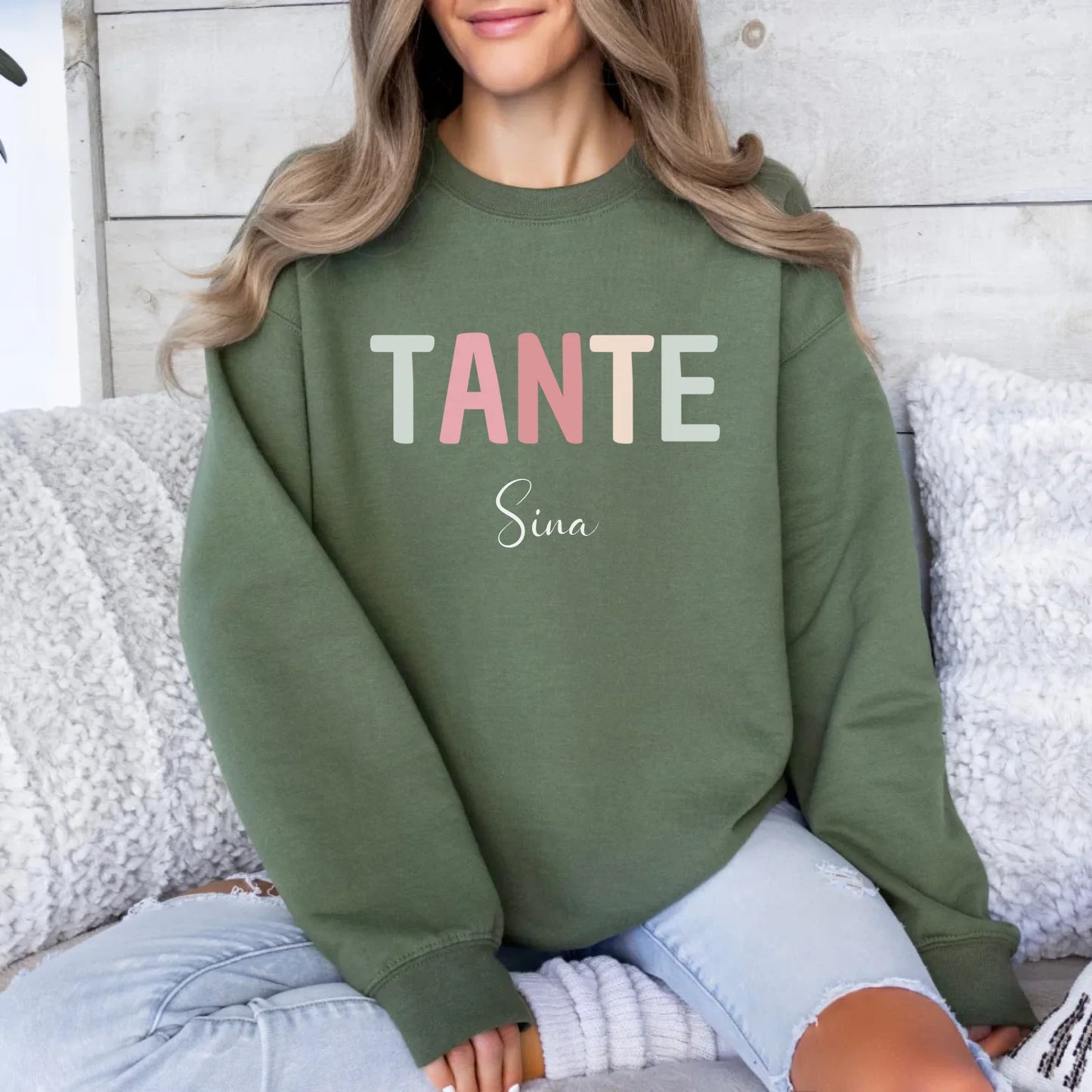 Printify Pastell Tante Sweatshirt mit Namen Sweatshirt Tante Design 5 Military Green