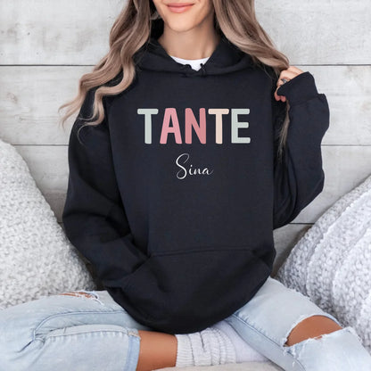 Printify Hoodie Tante personalisierbar mit Kindernamen Hoodie Tante Design 4 Black