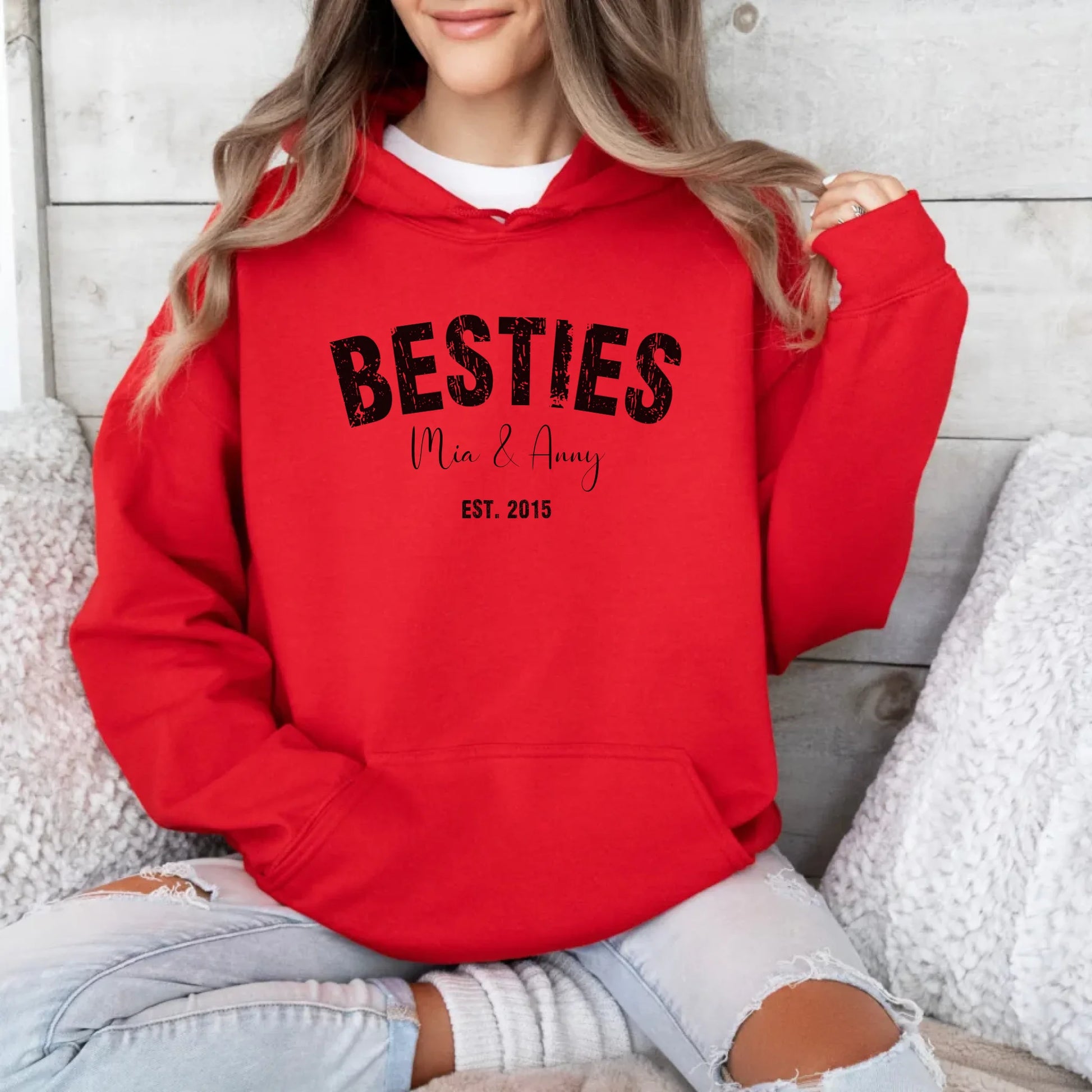 Printify Bestie Hoodie Personalisierbar mit Namen und Datum Hoodie Bestie 7 Red