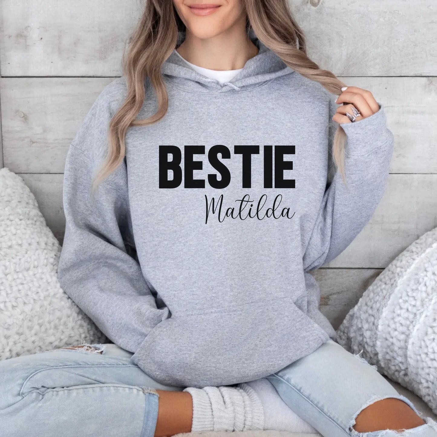 mamagibt Personalisierbarer Freundinnen Hoodie mit Name Hoodie Bestie 1 Sport Grey