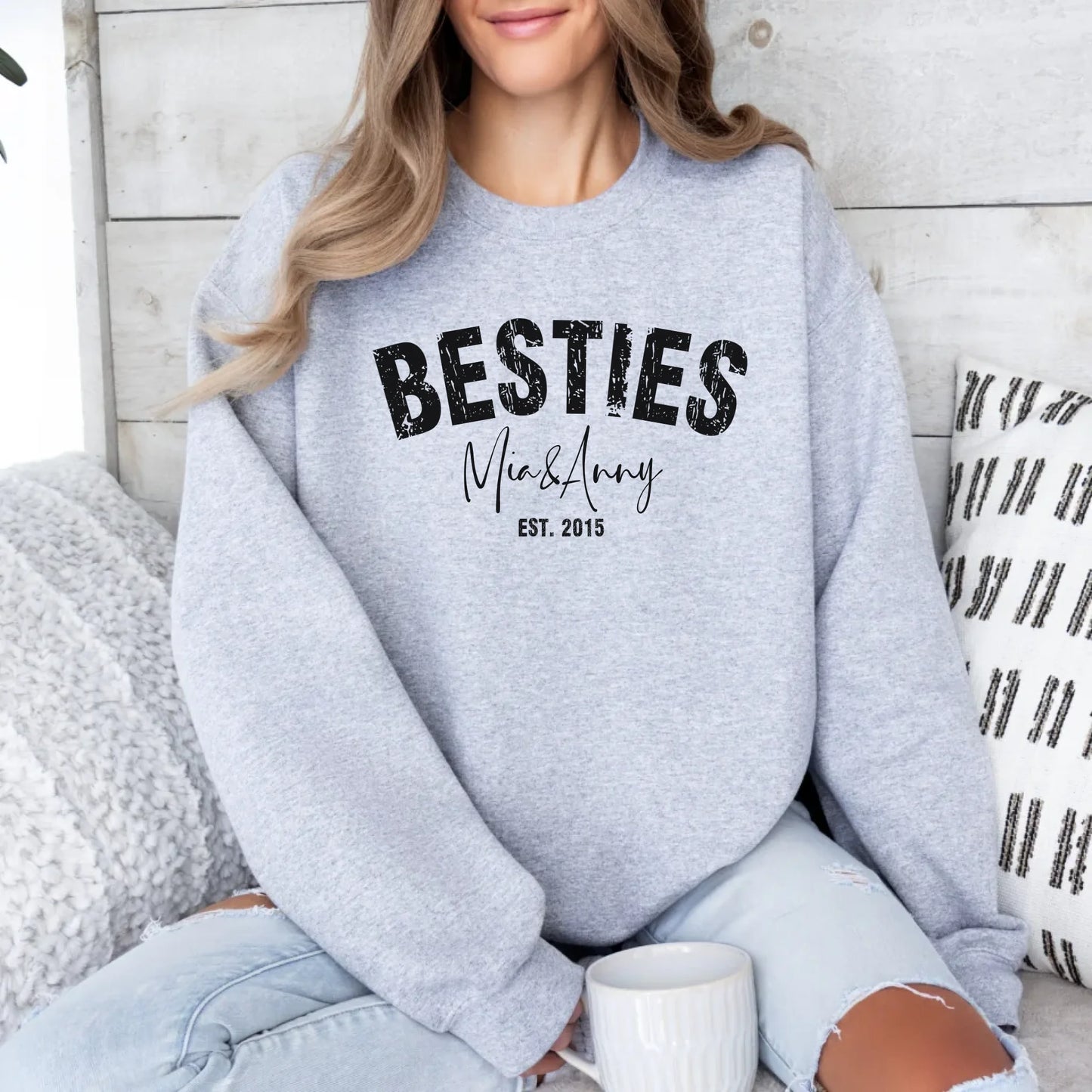 mamagibt Bestie Sweatshirt Personalisierbar mit Namen und Datum Sweatshirts Bestie 4 Sport Grey