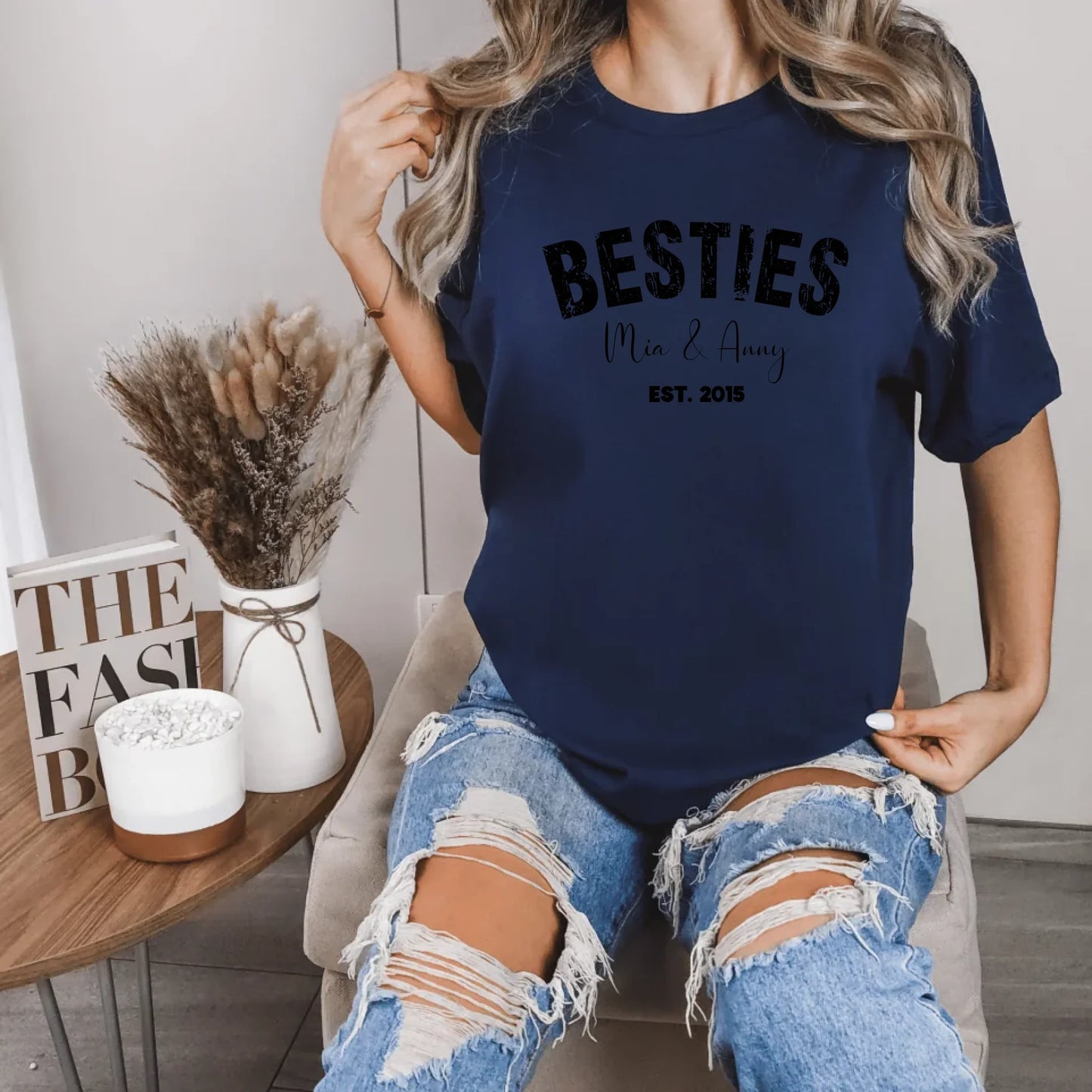 mamagibt Bestie T-Shirt Personalisierbar mit Namen und Datum Bestie T-Shirt 4 Navy