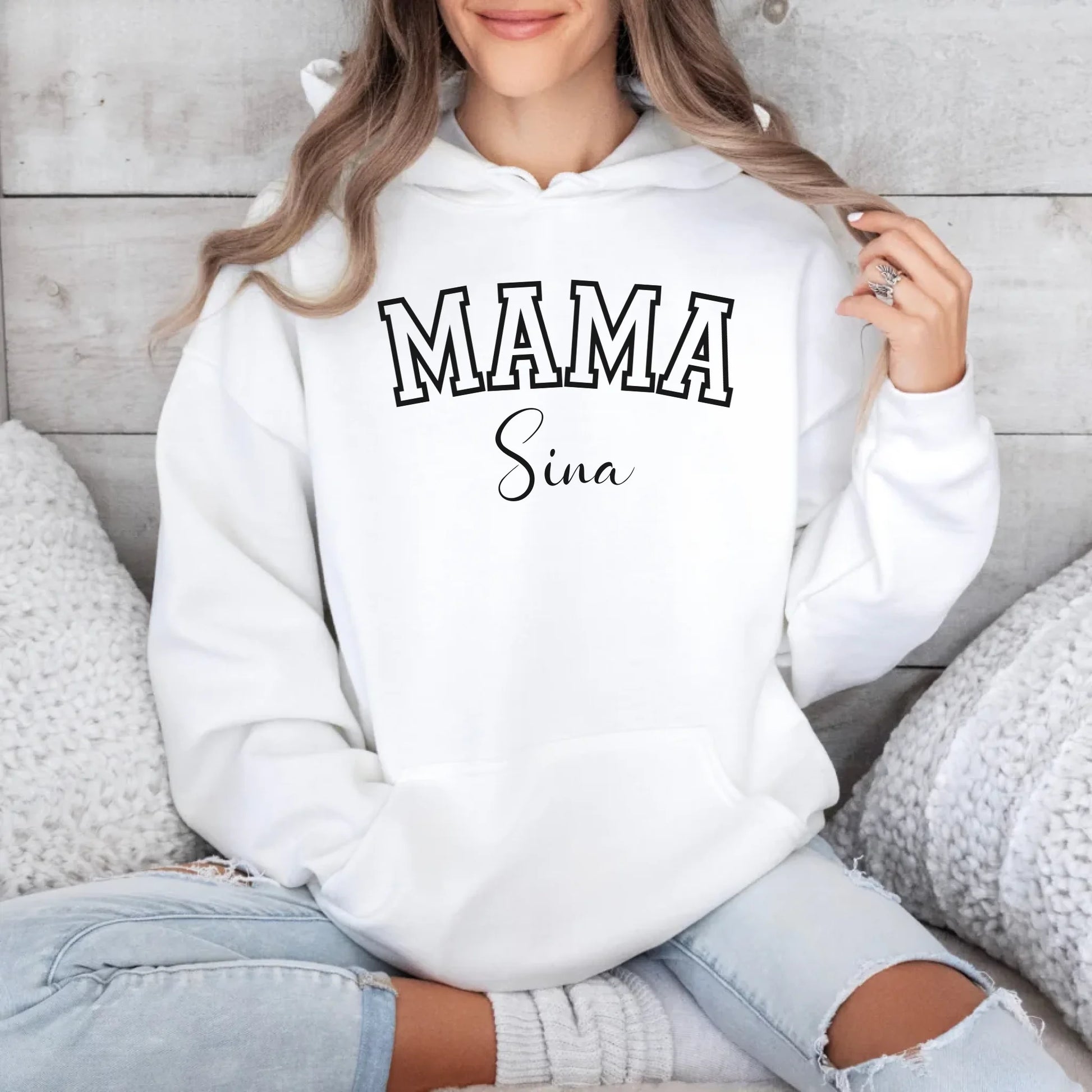 Printify Personalisierter Mama Hoodie Sport mit Namen Hoodie Mama Design 14 White