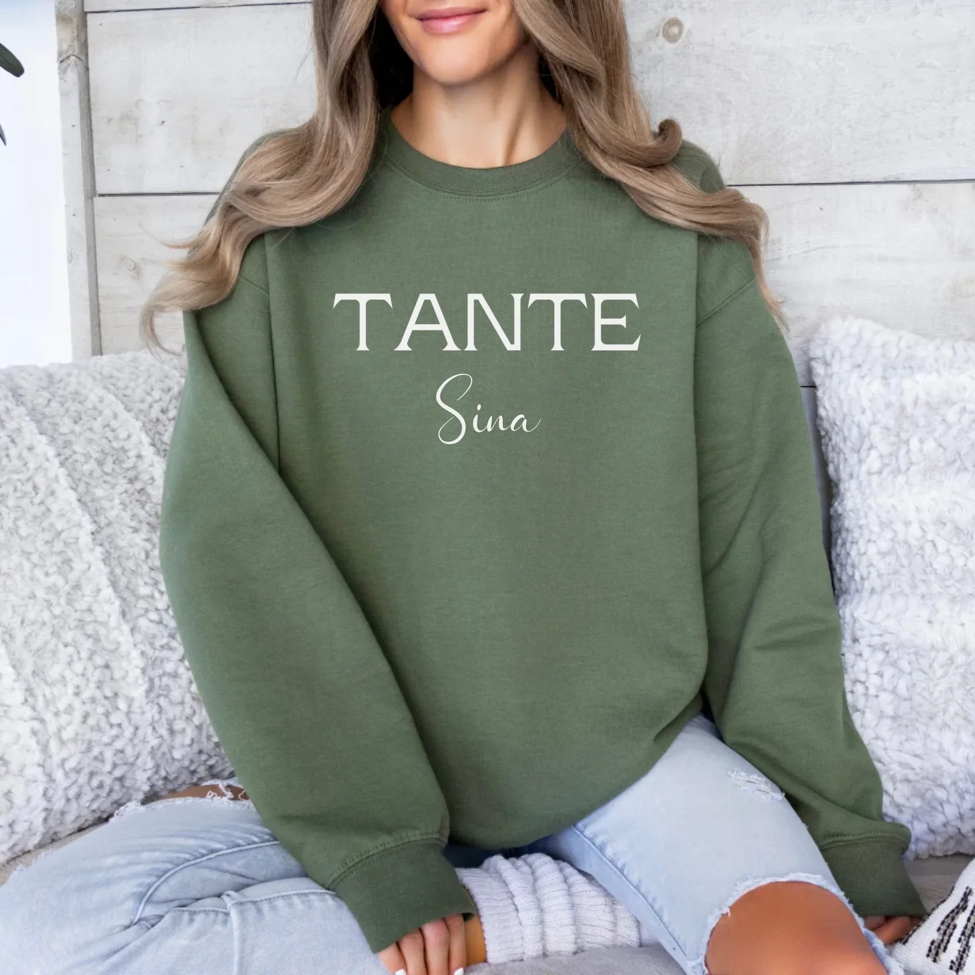 Printify Personalisierter Pullover Tante mit Namen Sweatshirt Tante Design 5 Military Green