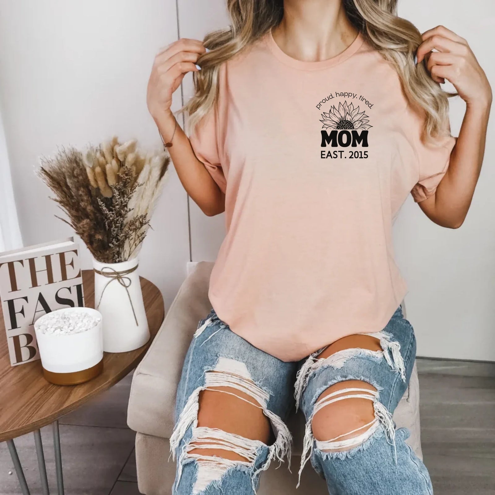 mamagibt Mama T-Shirt Sonnenblume mit Datum Mama T-Shirt Sonnenblume Heather Peach