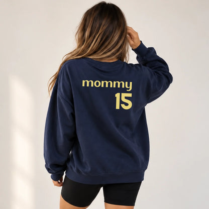 navy sweatshirt back model