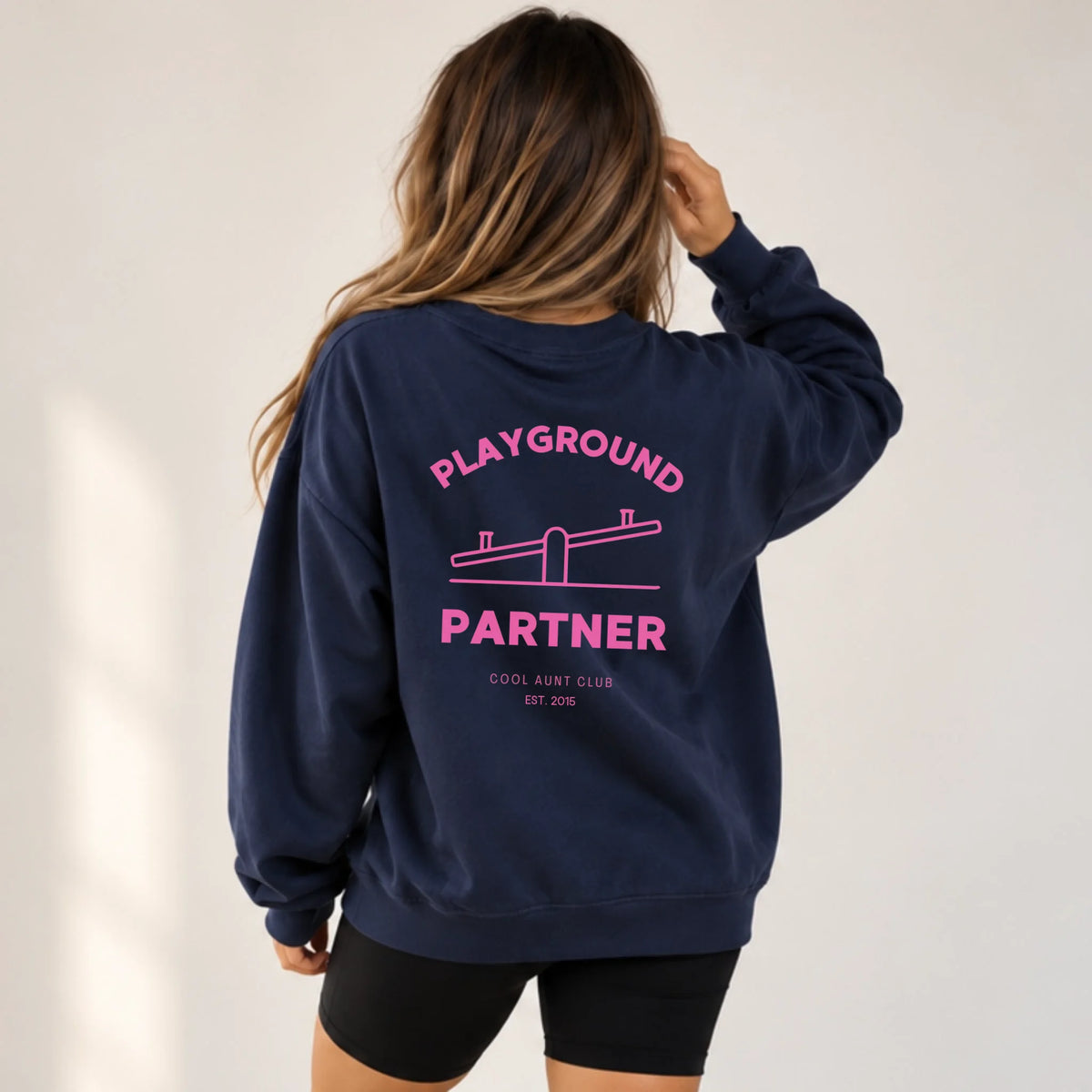 navy sweatshirt back model